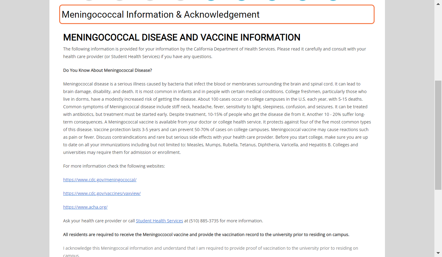 Meningococcal Information & Acknowledgement