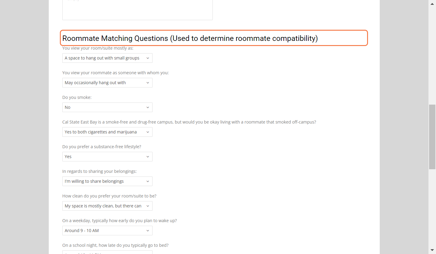 Roommate Matching Questions (Used to determine roommate compatibility)