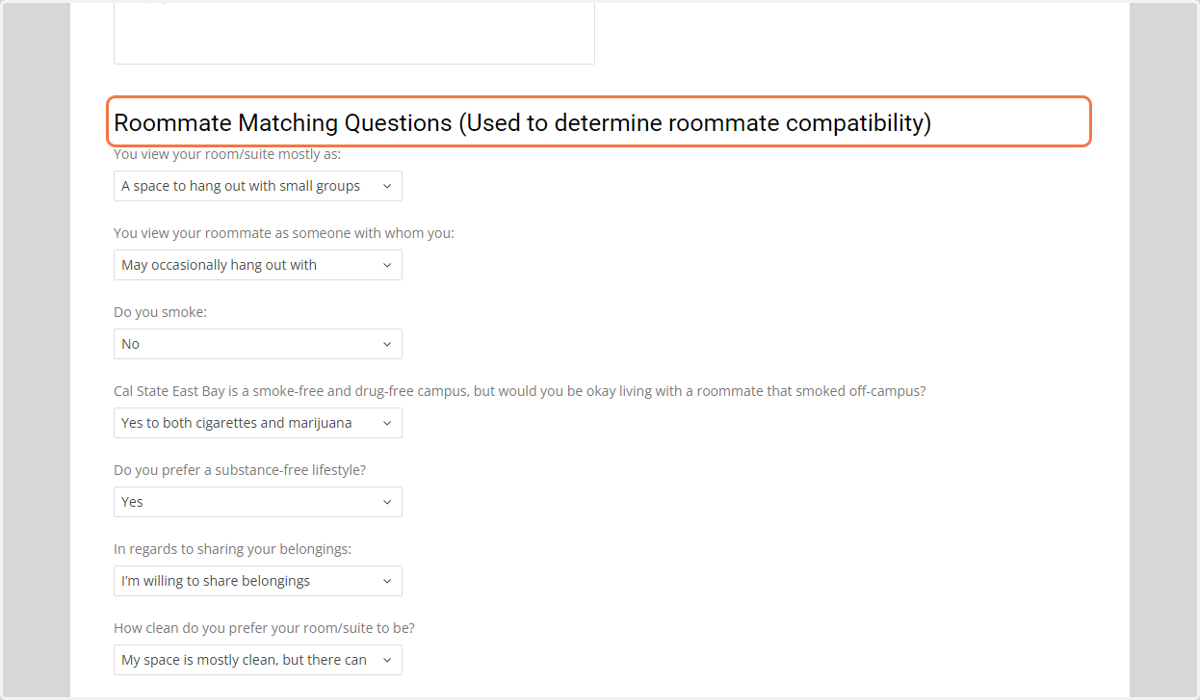 Roommate Matching Questions (Used to determine roommate compatibility)