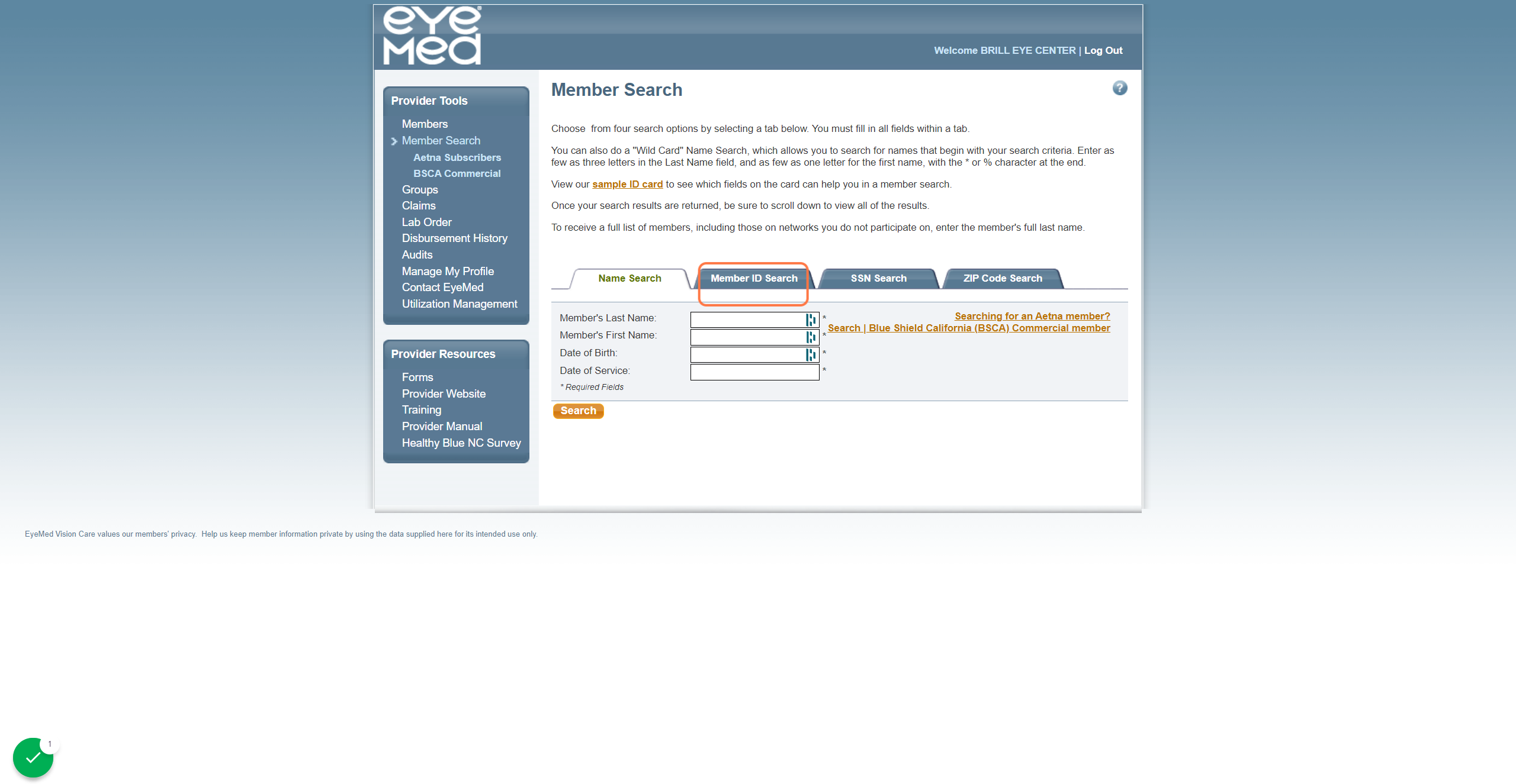 Click on Member ID Search
