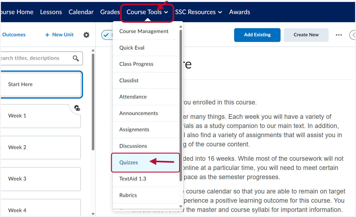 Click on Course Tools and then Quizzes