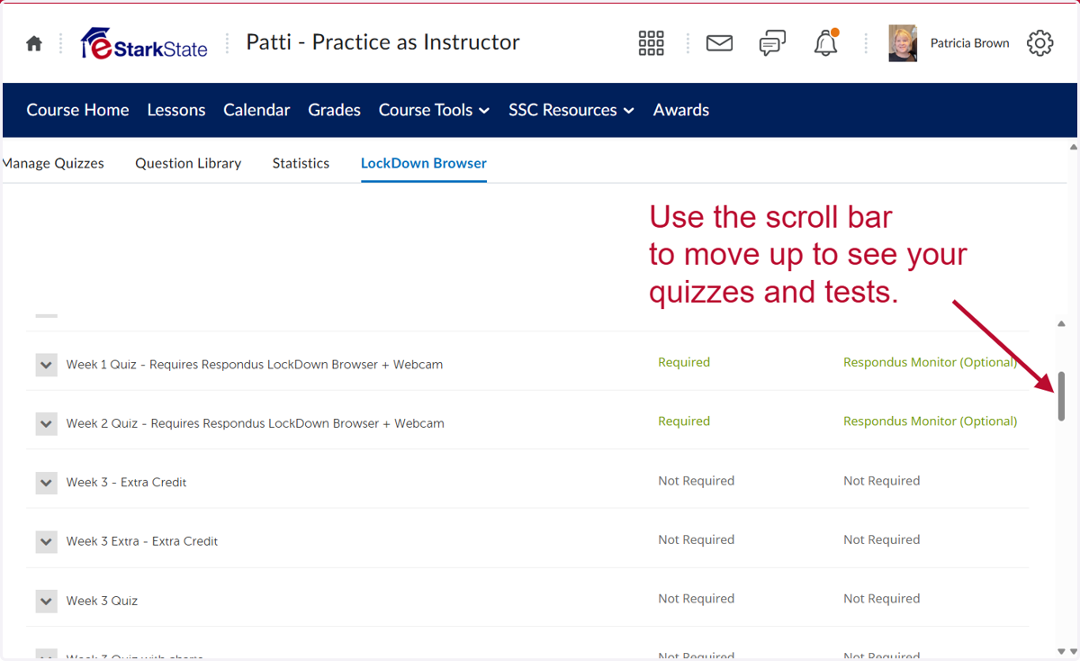 Use the scroll bar to move to the top of the screen to see your quizzes and tests.