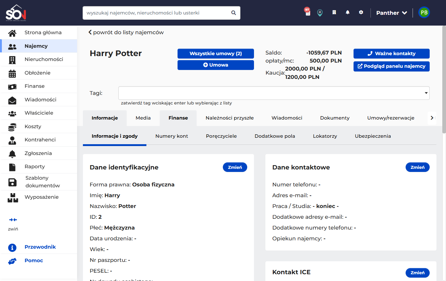 Na karcie danego najemcy przejdź do sekcji "Finanse"