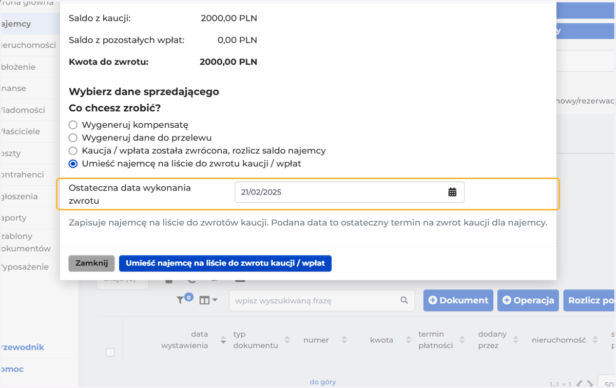 Ustaw datę do kiedy należy zwrócić najemcy kaucję