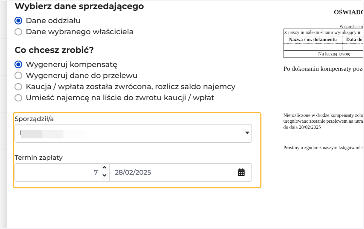 Wybierz osobę, która sporządziła kompensatę i ustal termin zapłaty
