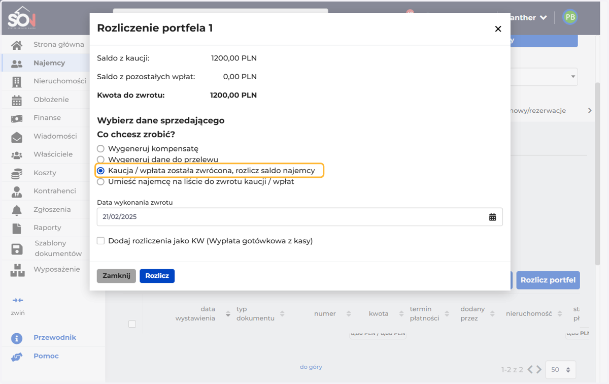 Jeśli kaucja została już zwrócona, wybierz tę opcję