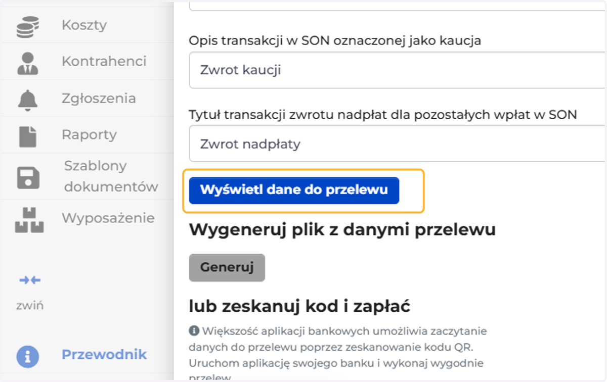 Możesz wyświetlić dane do przelewu, aby je skopiować