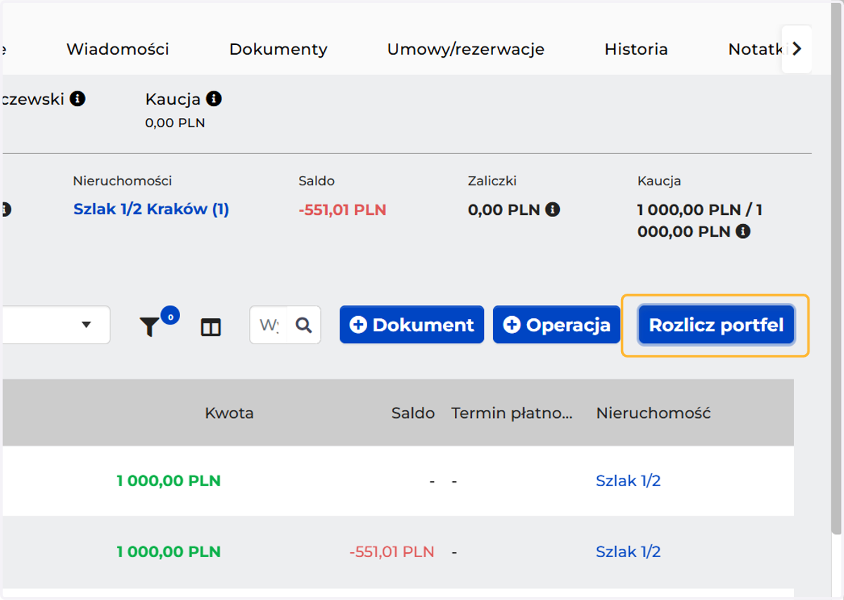 Kliknij "Rozlicz portfel"