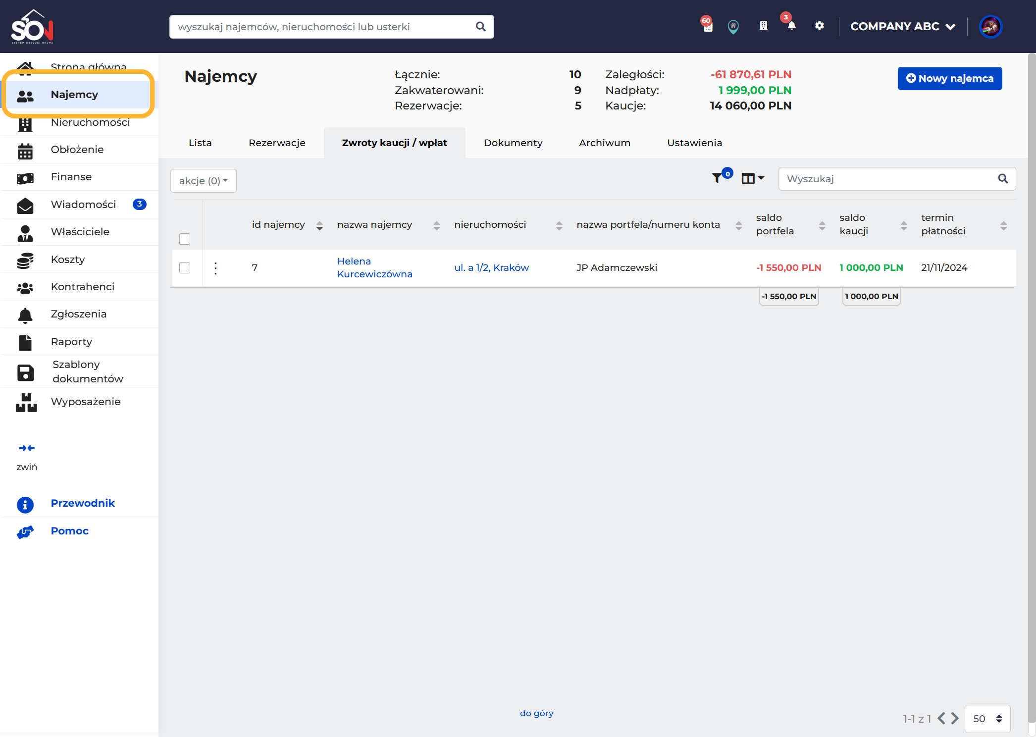Najemca/y pojawi się w zakładce "Zwroty kaucji" w głownym menu Najemcy