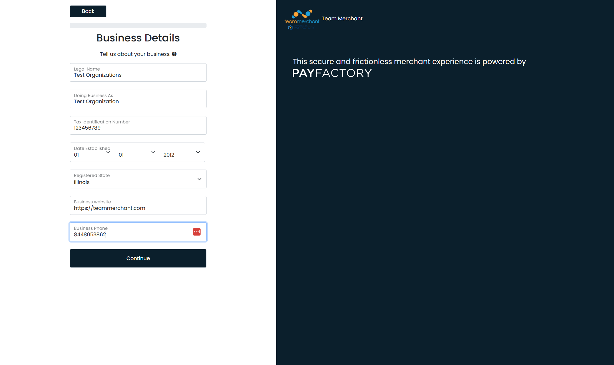 Enter Business Details and Click Continue