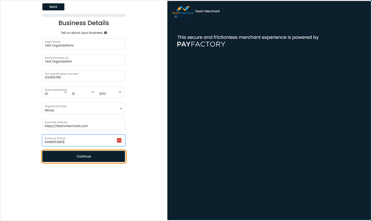 Enter Business Details and Click Continue