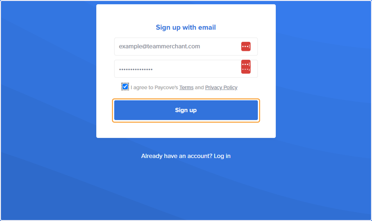 Enter the email you would like to use as your username for Paycove and make a password