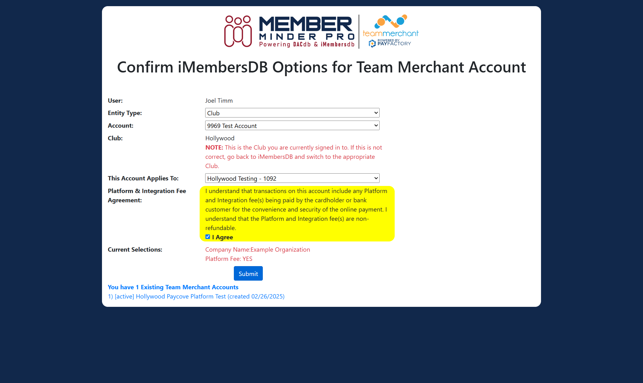 Select Entity Type, Account, Click Consent and Submit