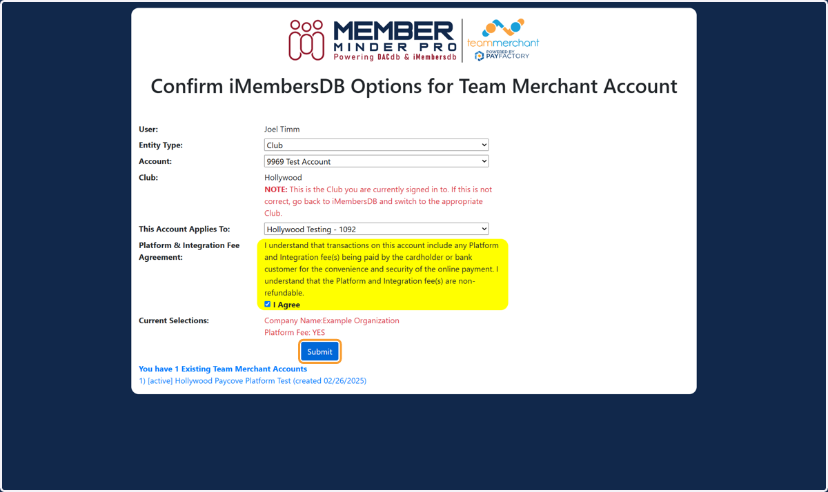 Select Entity Type, Account, Click Consent and Submit