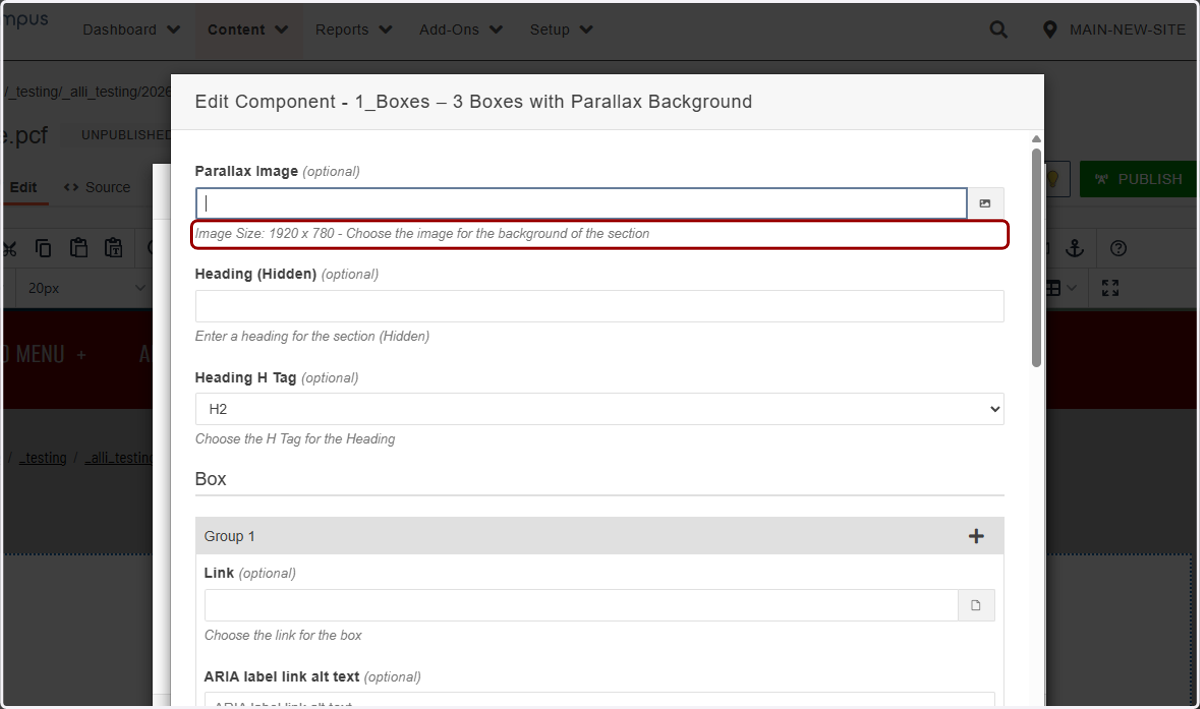 Component configuration form with the Parallax Image field highlighted for selecting a background image.