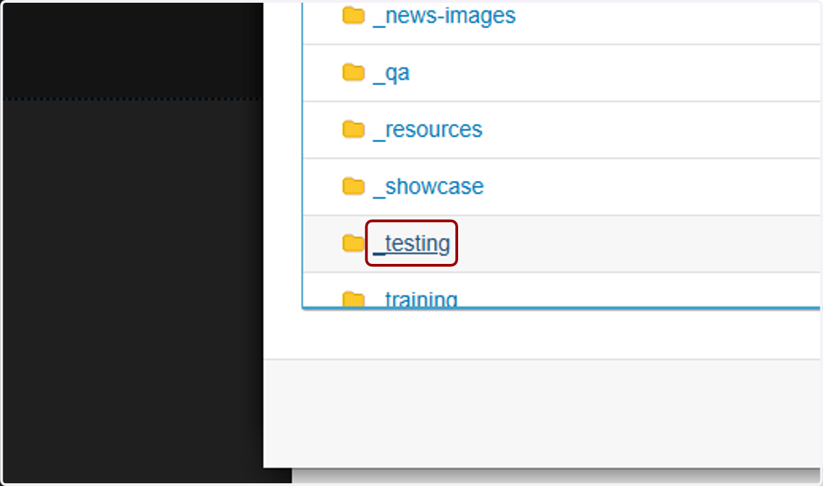 Site page chooser window showing the folder/page list to navigate to a destination page.