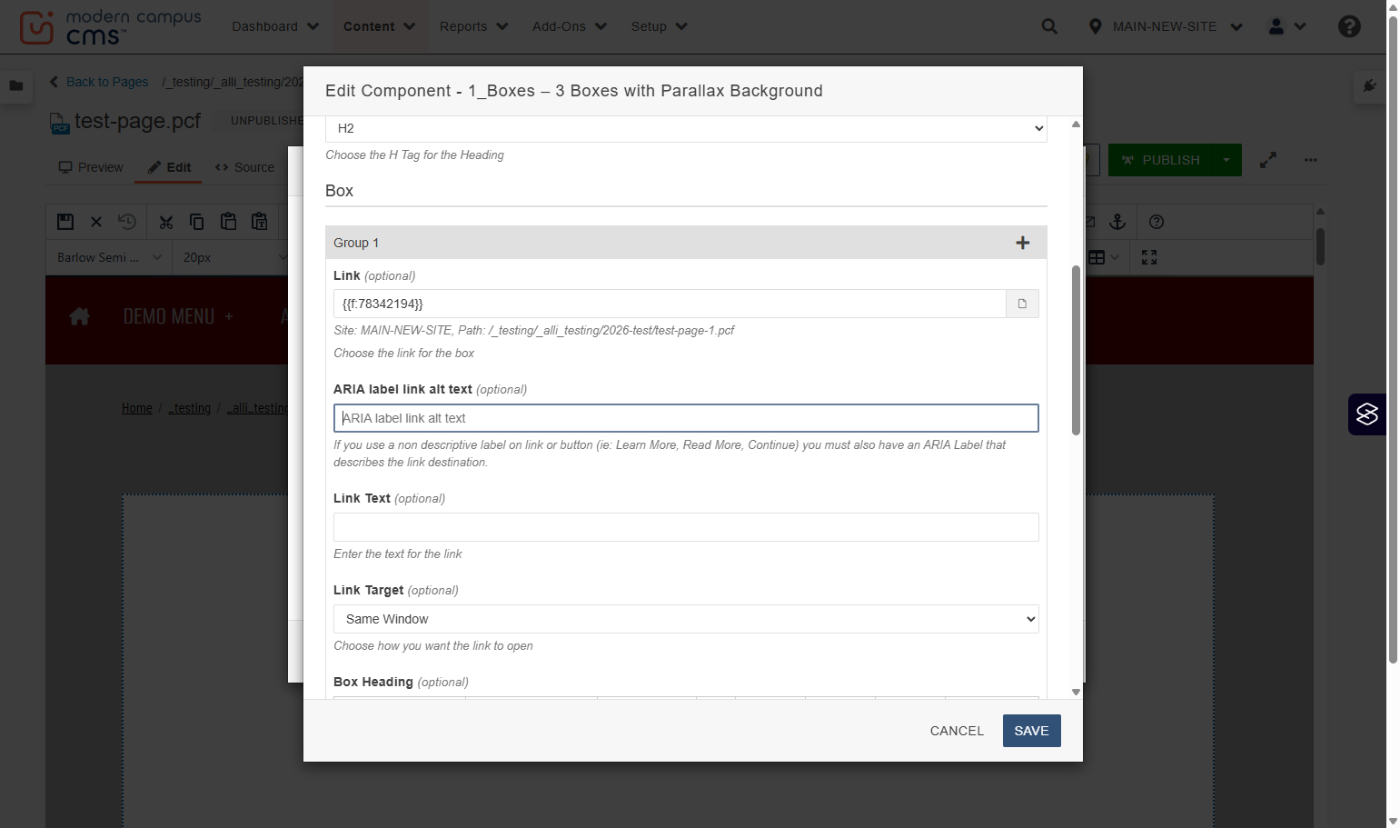 Group 1 ARIA Label field highlighted for adding descriptive button context for screen readers.