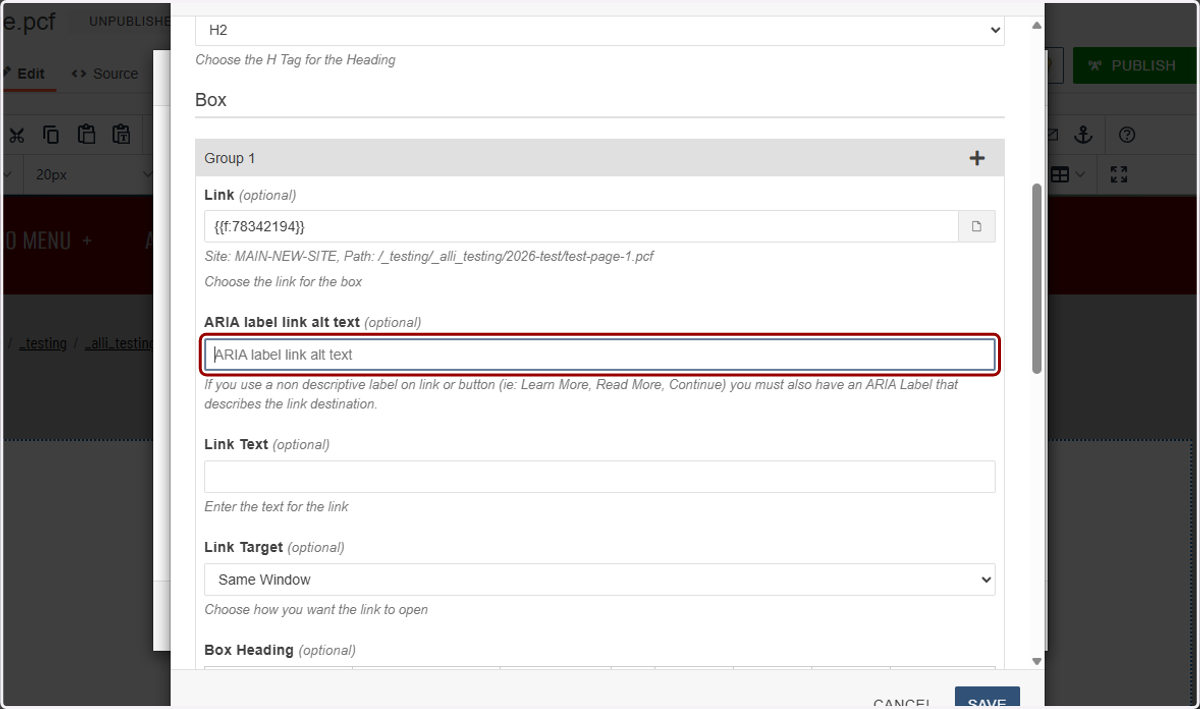 Group 1 ARIA Label field highlighted for adding descriptive button context for screen readers.