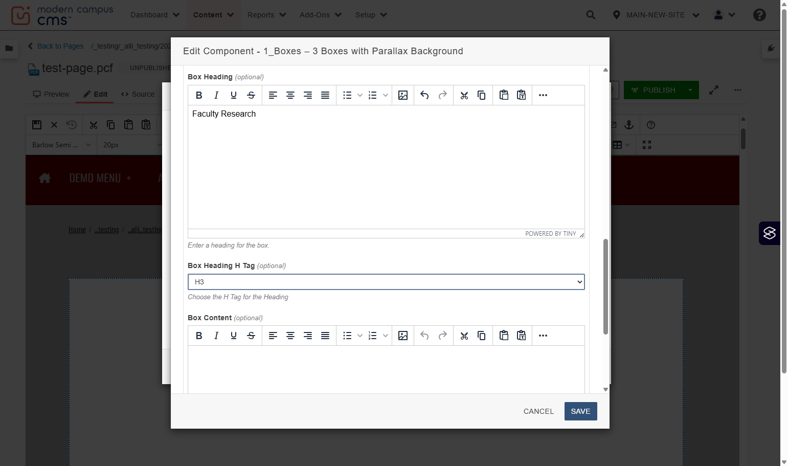 Box Heading tag selector highlighted showing the heading level choice (H3).