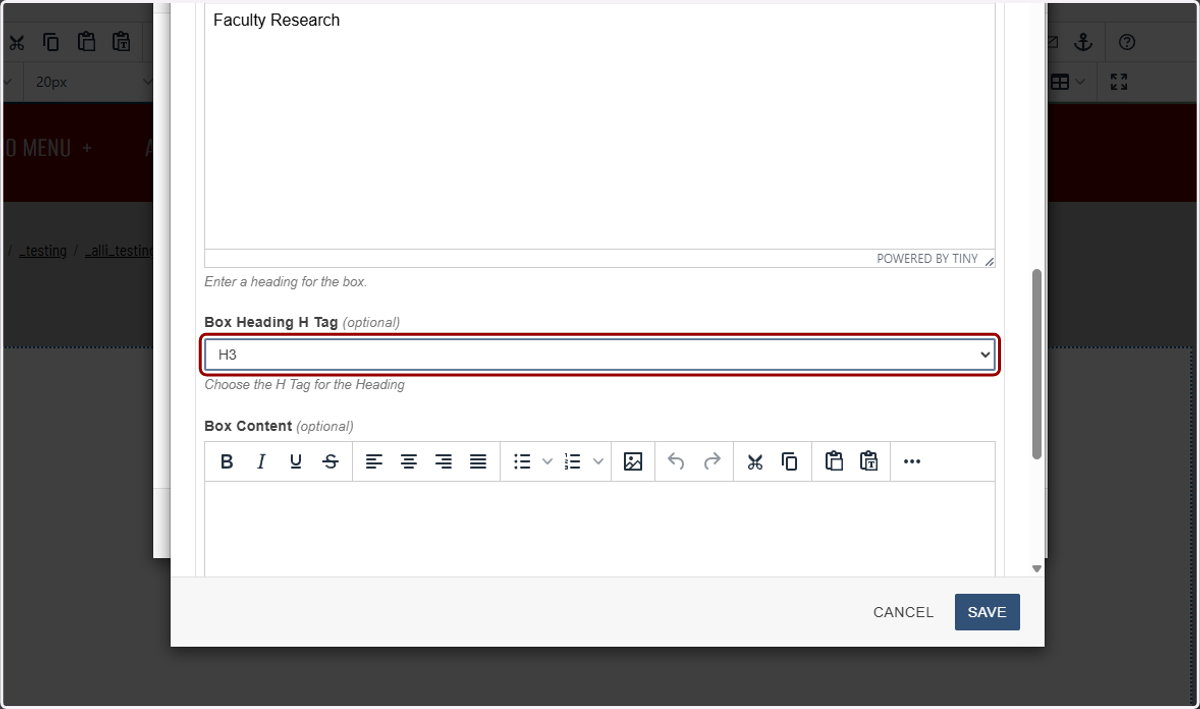 Box Heading tag selector highlighted showing the heading level choice (H3).