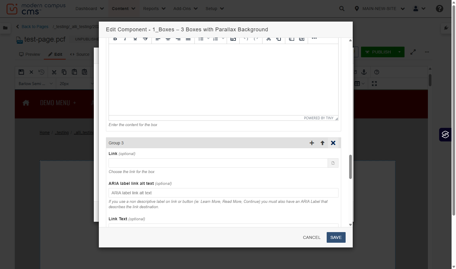 Group action control showing the option to delete a group/card.