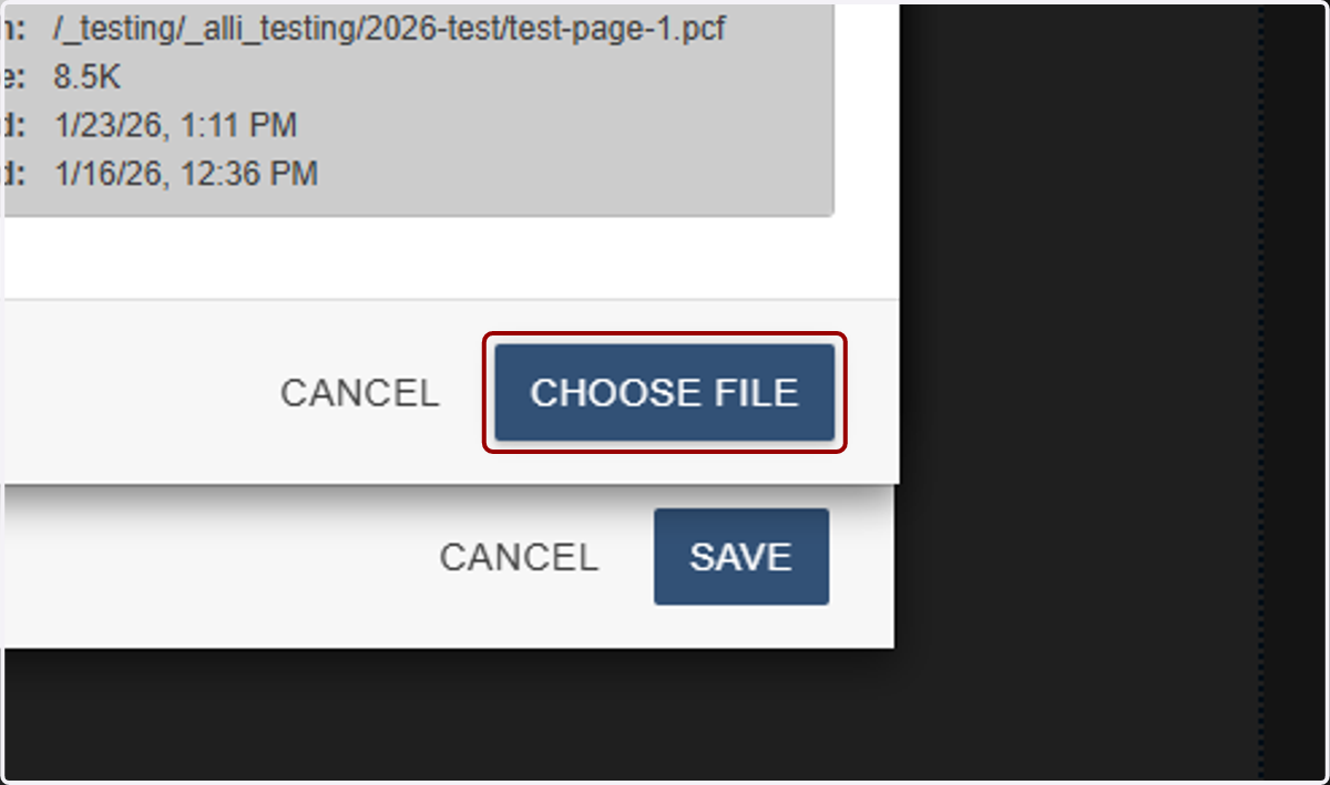 Page chooser window with the CHOOSE FILE button highlighted to confirm the selection.