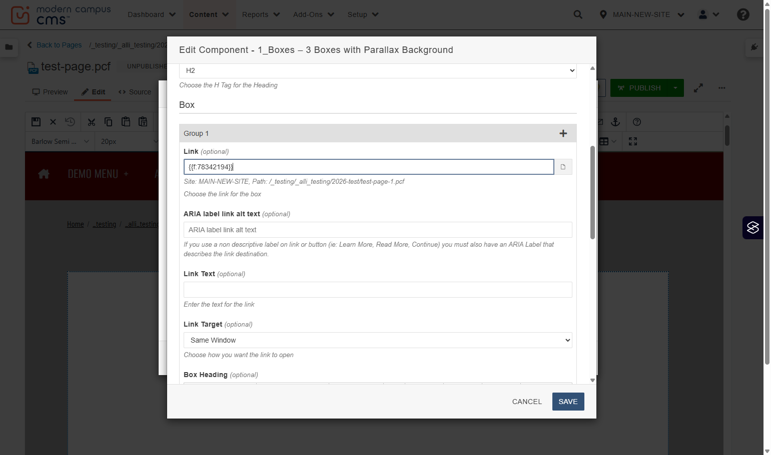 Link field populated with a dependency tag referencing the selected internal page.