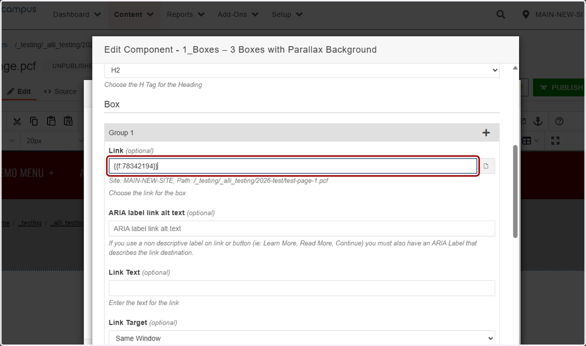 Link field populated with a dependency tag referencing the selected internal page.