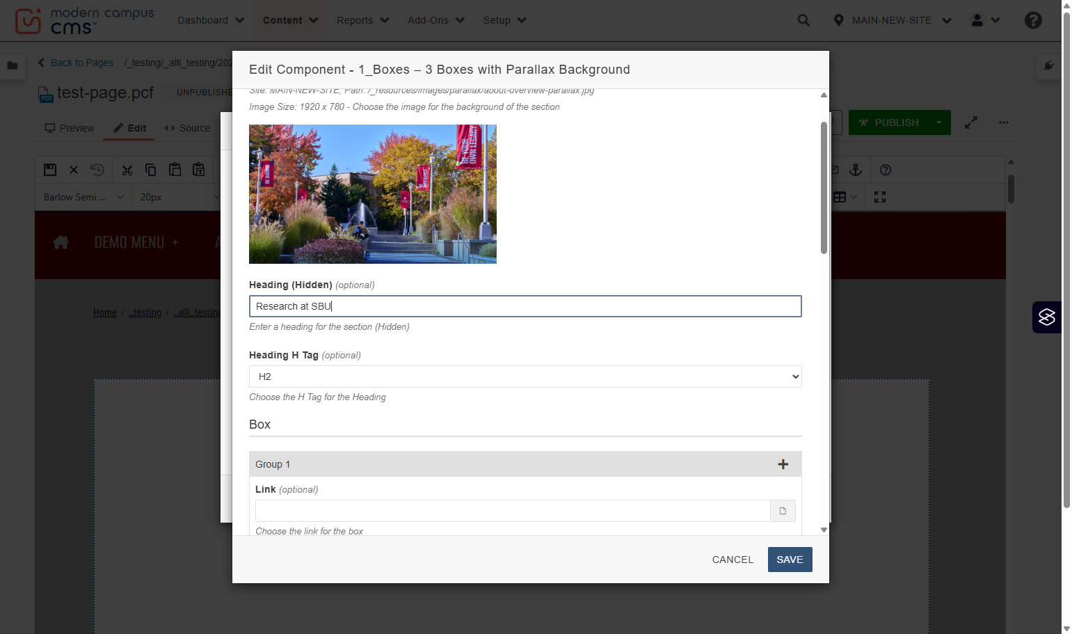 Configuration form with the Hidden Heading text field highlighted for screen-reader context.
