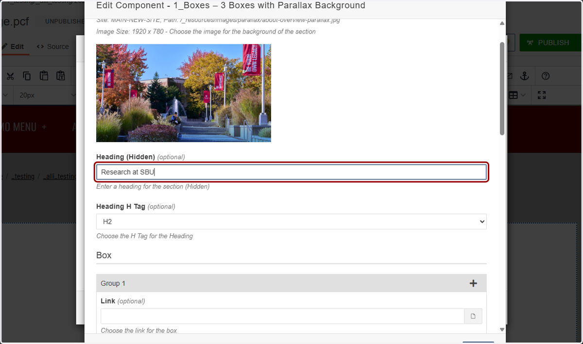 Configuration form with the Hidden Heading text field highlighted for screen-reader context.