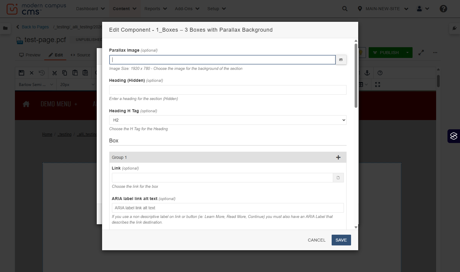 Parallax Image field with the file chooser (browse) icon highlighted.