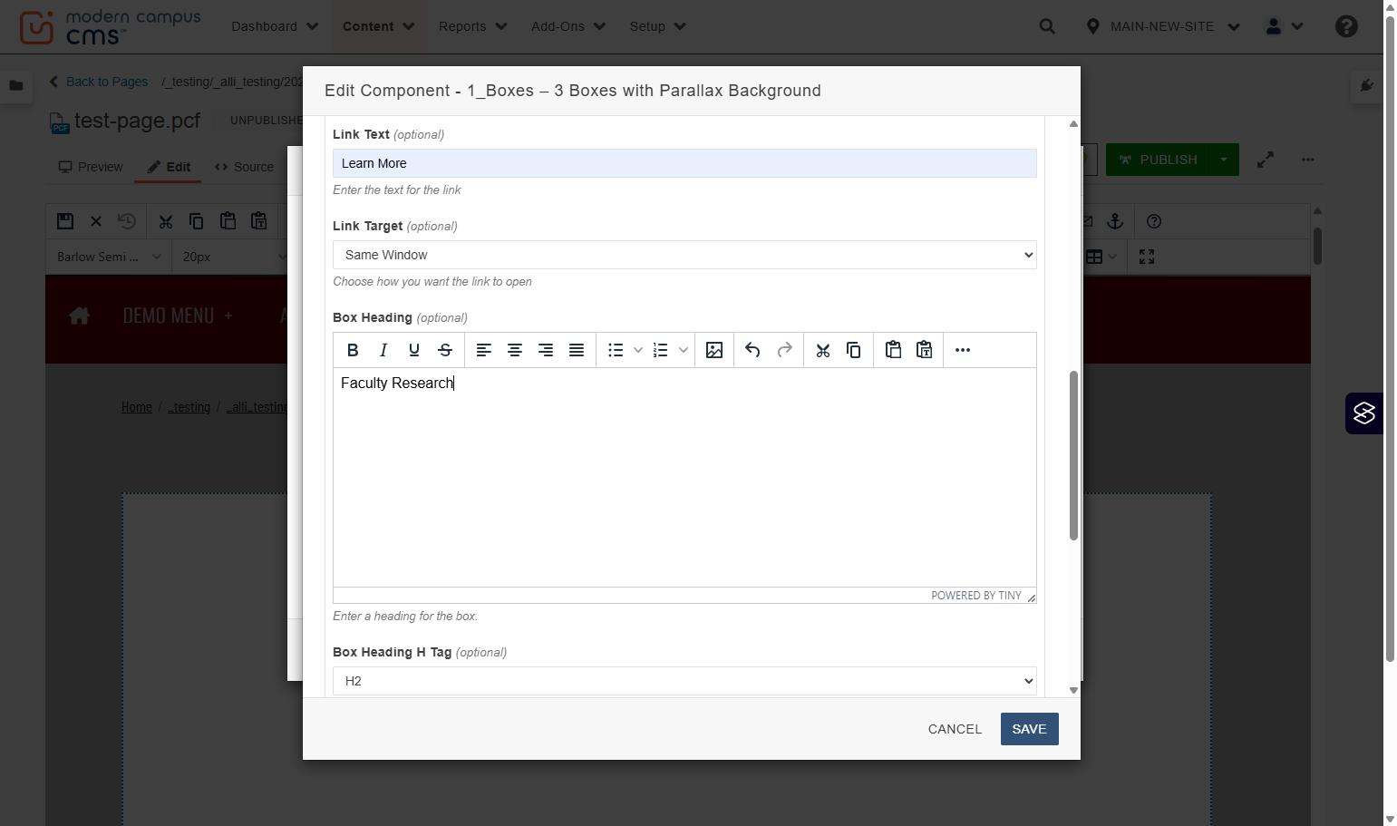 Box Heading field highlighted with the heading text entered (example: “Faculty Research”).