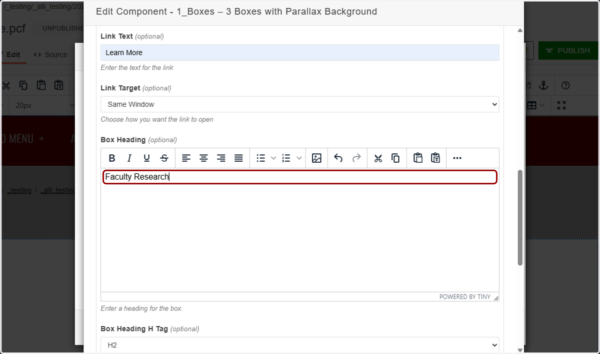 Box Heading field highlighted with the heading text entered (example: “Faculty Research”).