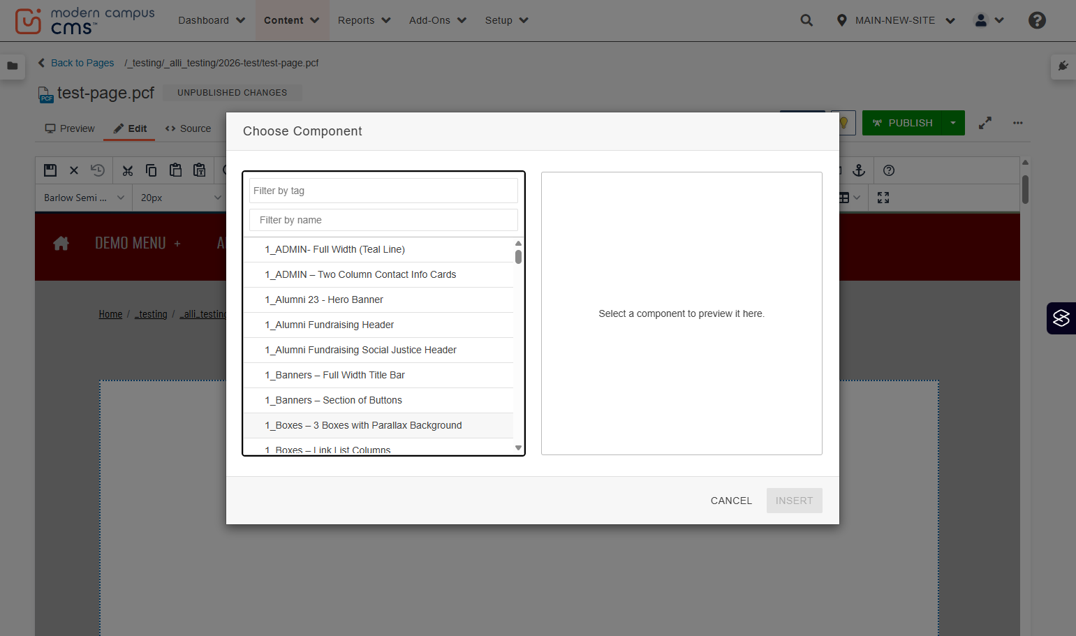 Insert Component panel showing the component list with “1_Boxes – 3 Boxes with Parallax Background” highlighted.