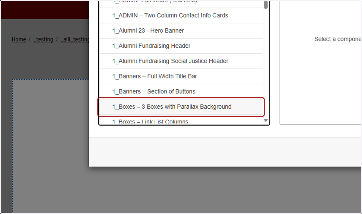 Insert Component panel showing the component list with “1_Boxes – 3 Boxes with Parallax Background” highlighted.