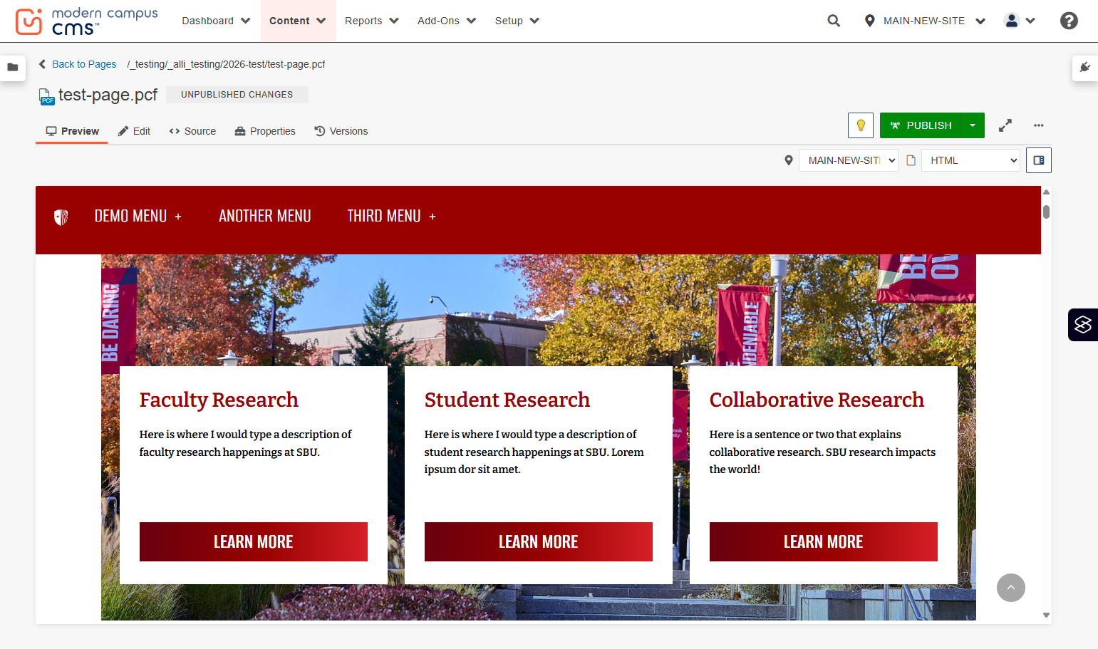 Preview page scrolled to the parallax three-box section to verify layout and content.