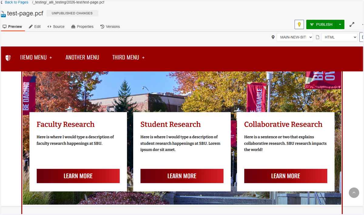 Preview page scrolled to the parallax three-box section to verify layout and content.