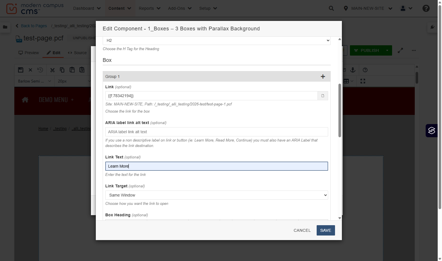 Link Text field highlighted with “Learn More” entered as the button label.