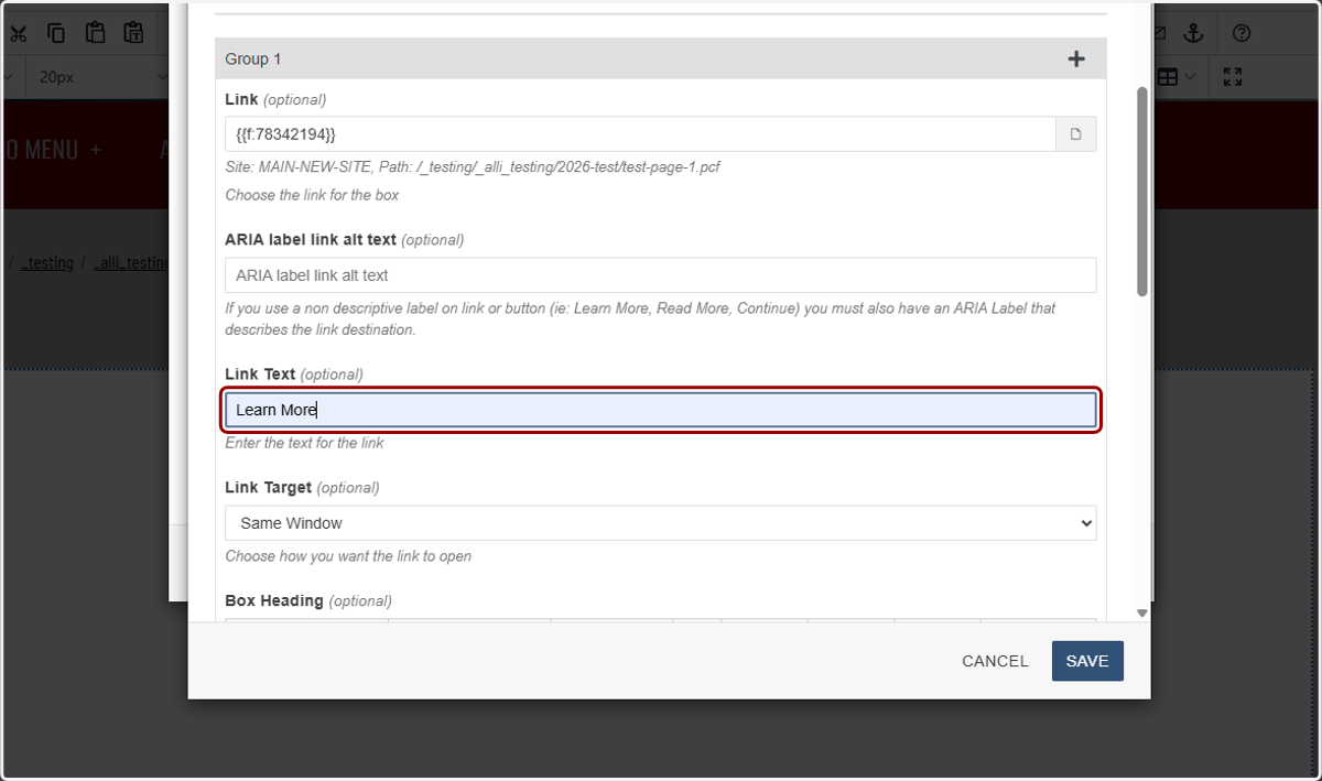 Link Text field highlighted with “Learn More” entered as the button label.