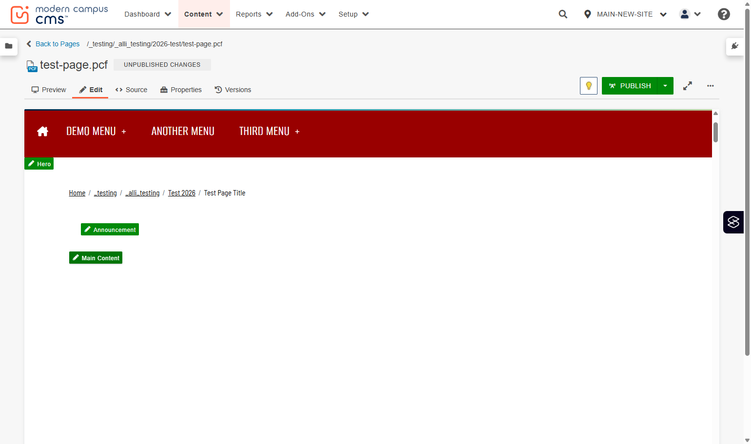 Modern Campus page editor with the Main Content region highlighted as the insertion point for a component.