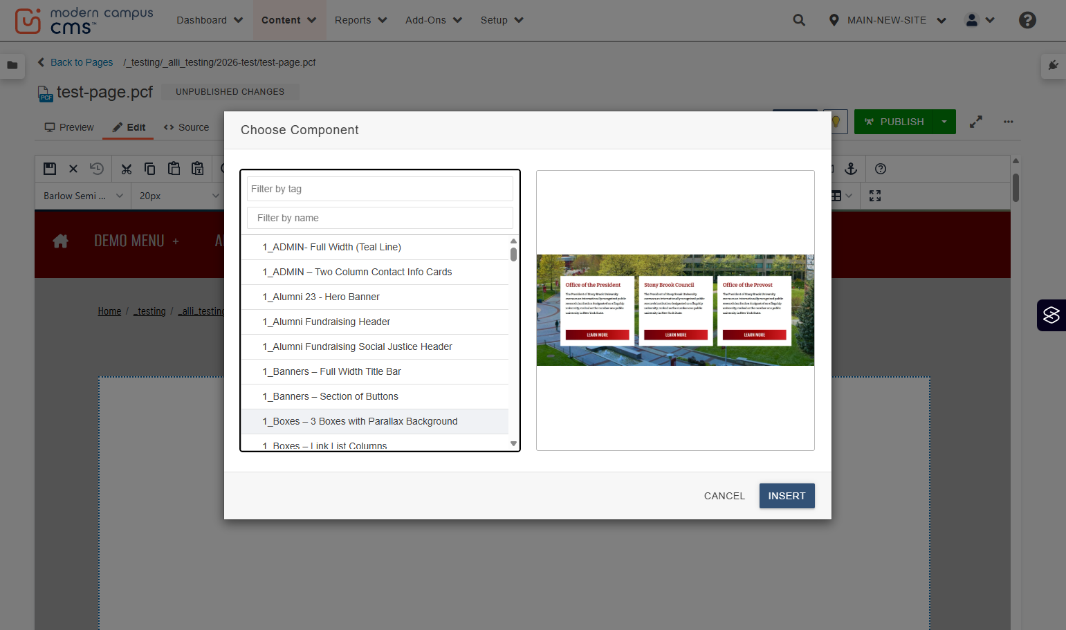 Insert confirmation view with the Insert button highlighted to add the selected component.