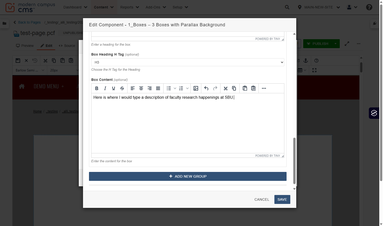 Box Content field highlighted with placeholder descriptive text entered for the first box.