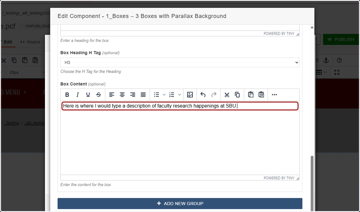 Box Content field highlighted with placeholder descriptive text entered for the first box.
