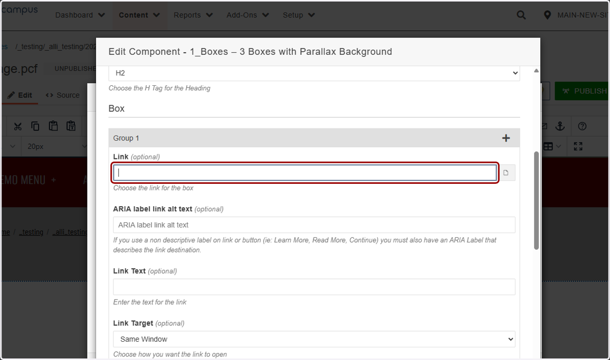 Group 1 section expanded with the Link field highlighted for the first box button destination.