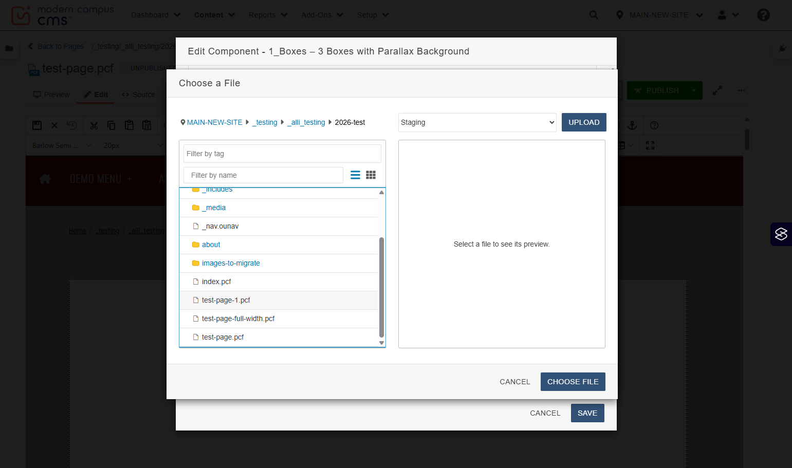 Page chooser list with the target page highlighted/selected.