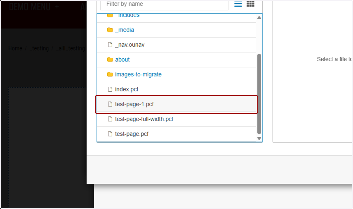 Page chooser list with the target page highlighted/selected.