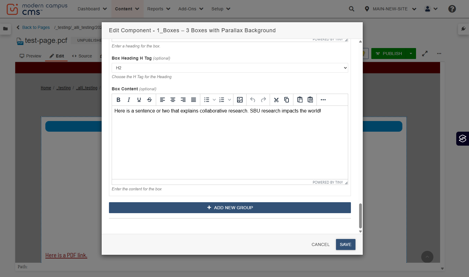 Page editor toolbar with the Save button highlighted.