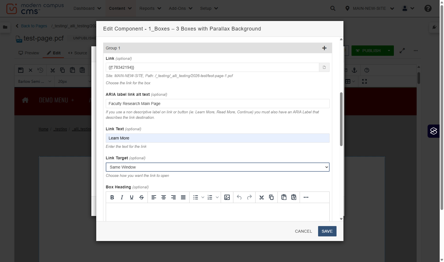 Link Target dropdown highlighted showing options such as Same Window and New Window.