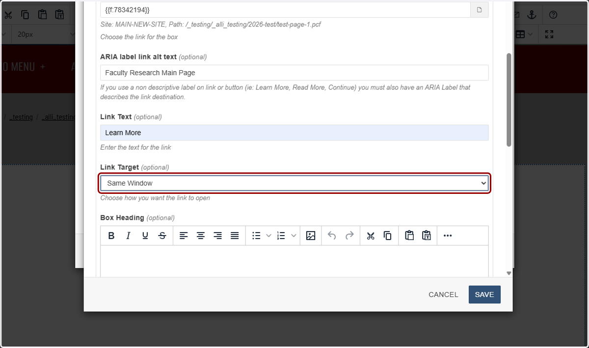 Link Target dropdown highlighted showing options such as Same Window and New Window.