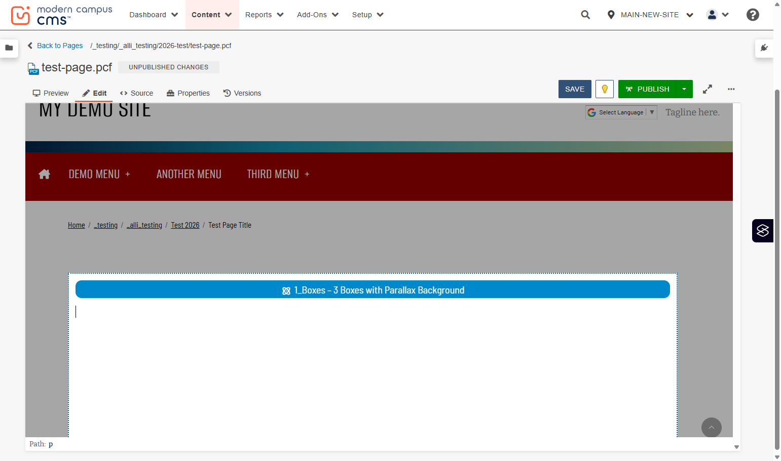 Page view showing the newly added component placeholder as a blue horizontal band.